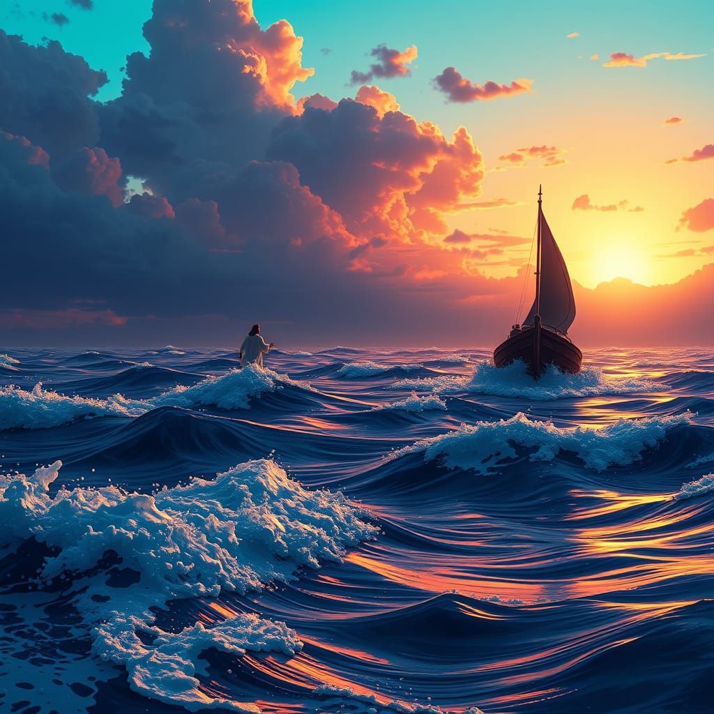 Jesus Walks on Water in a Turbulent Sunset Scene