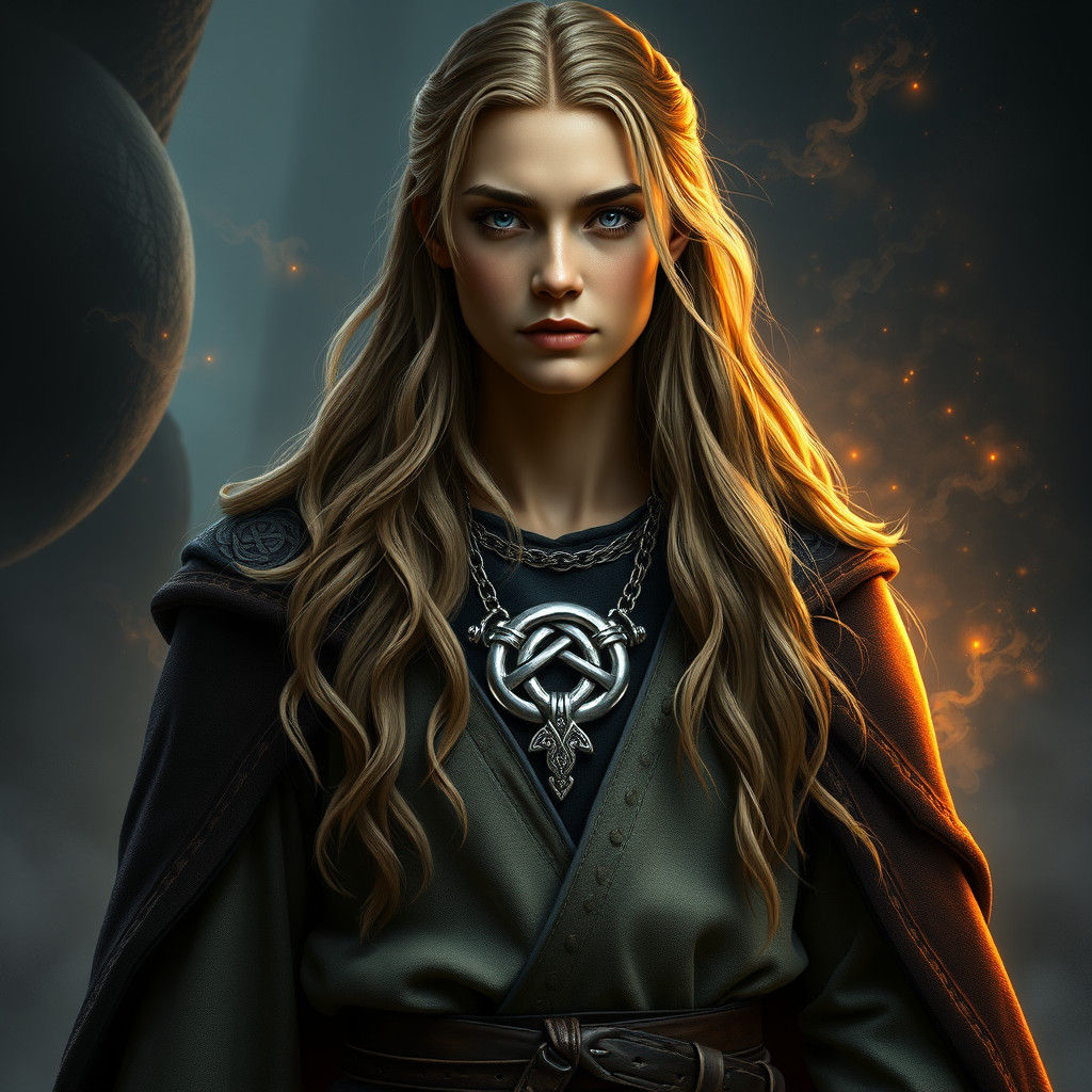 Regal Fantasy Figure with Celtic Knotwork and Mystical Aura