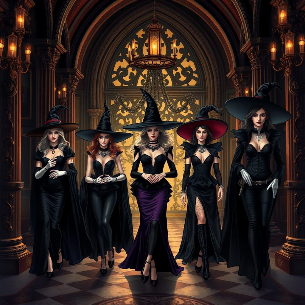 High-Fashion Witches Arrive at Gothic Halloween Party