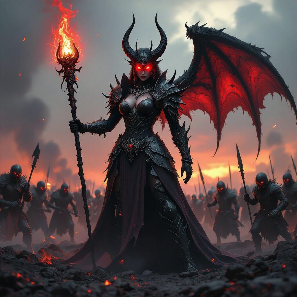 Demon Queen Commands Her Army on a Scorched Battlefield