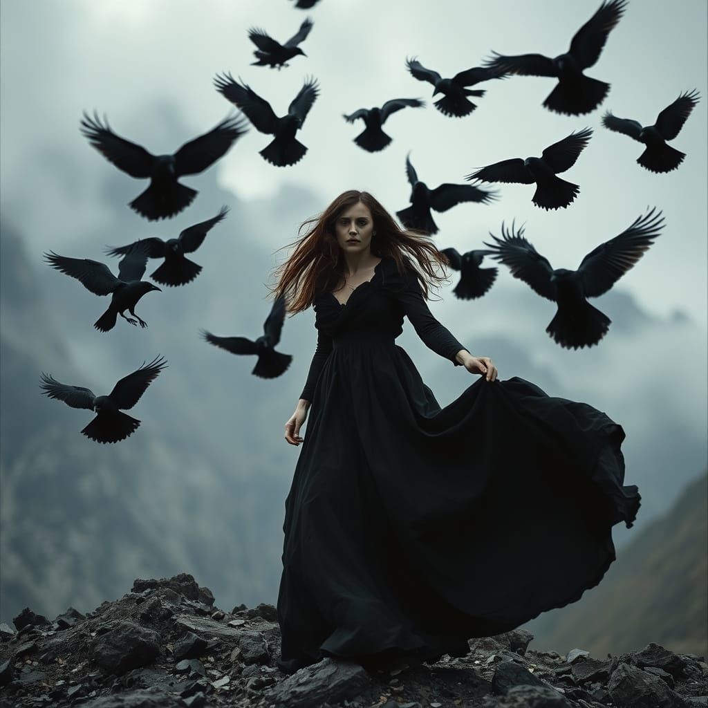 Woman Swept Away by Crows in Dark, Rocky Landscape