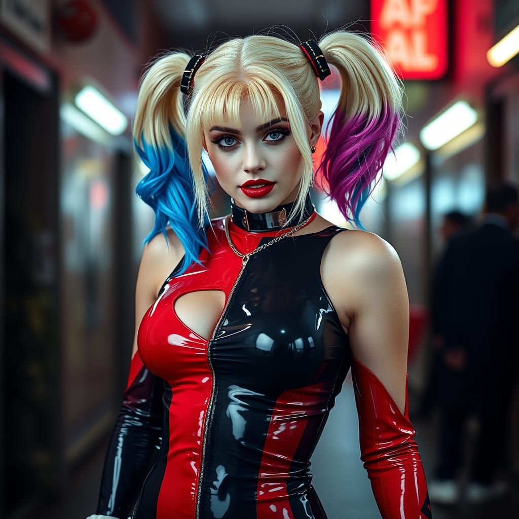 Electric Blue Harley Quinn in Edgy Latex Attire