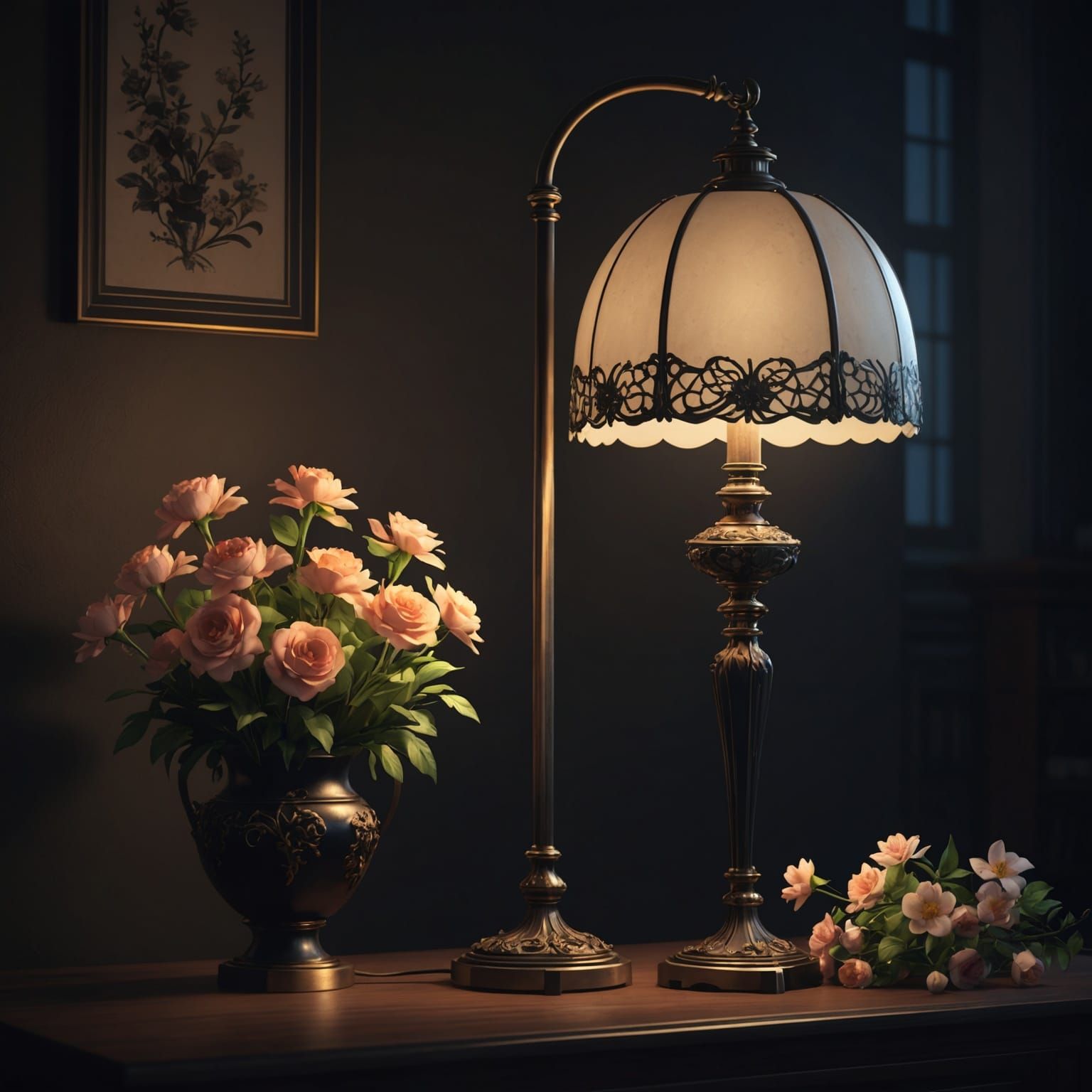 Luminous Lamp and Flowers in Anime Style