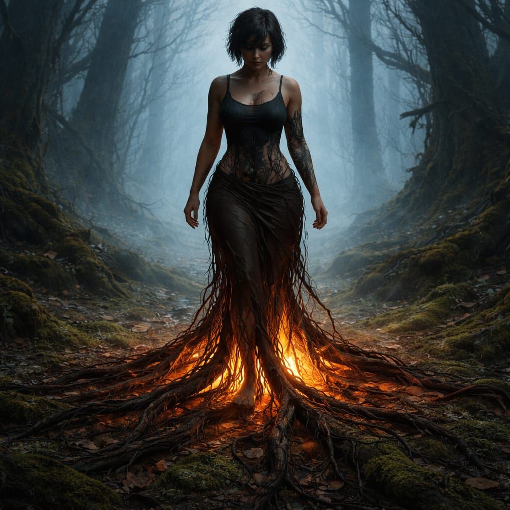 Woman Rooted in Ancient Forest with Amber Light