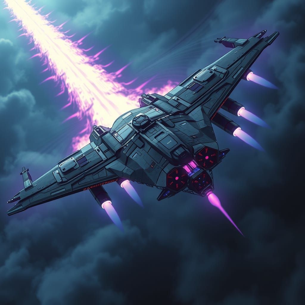 Armored Aerial Bomber Emitting Shockwaves in Dark Sci-Fi Sty...