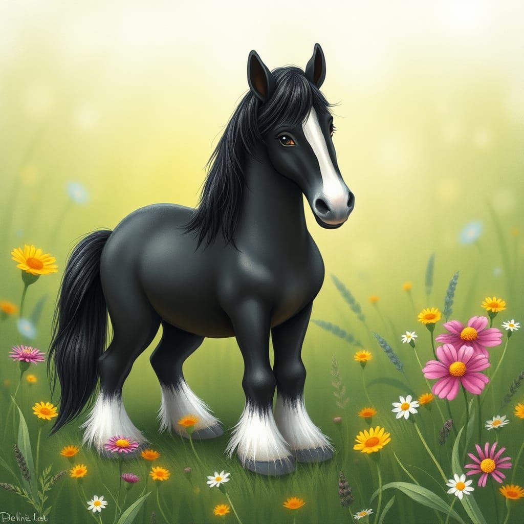 Tiny Clydesdale in Wildflower Meadow, Whimsical Illustration
