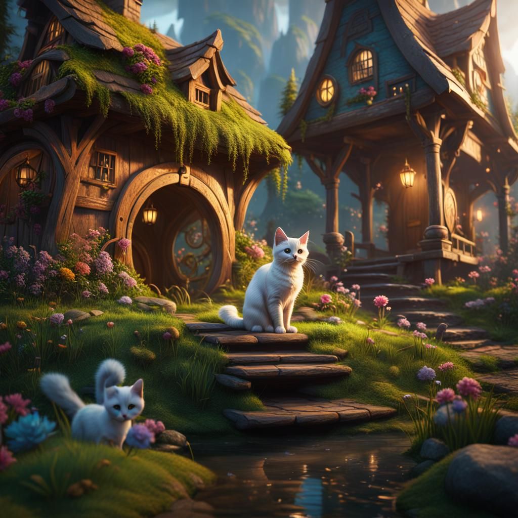 Cute Cat Explores Fantastical Haven: Detailed Matte Painting