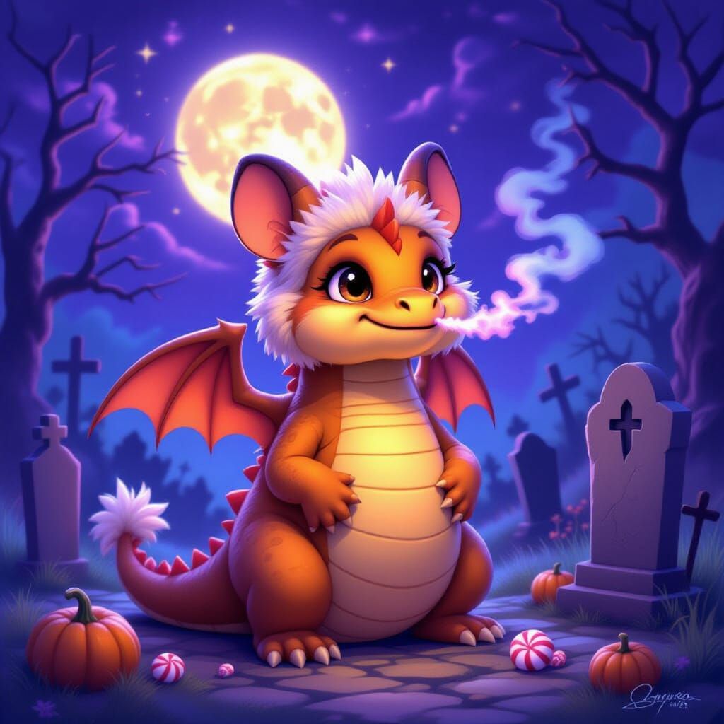 Dragon in Hamster Costume Haunts Moonlit Graveyard