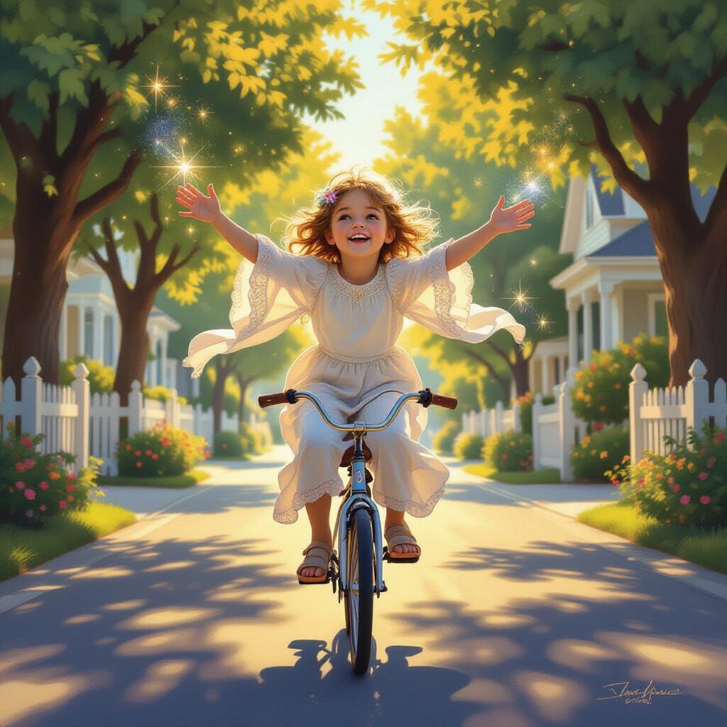 Celestial Ancestor Cheers Child's Bike Ride in Suburban Scen...