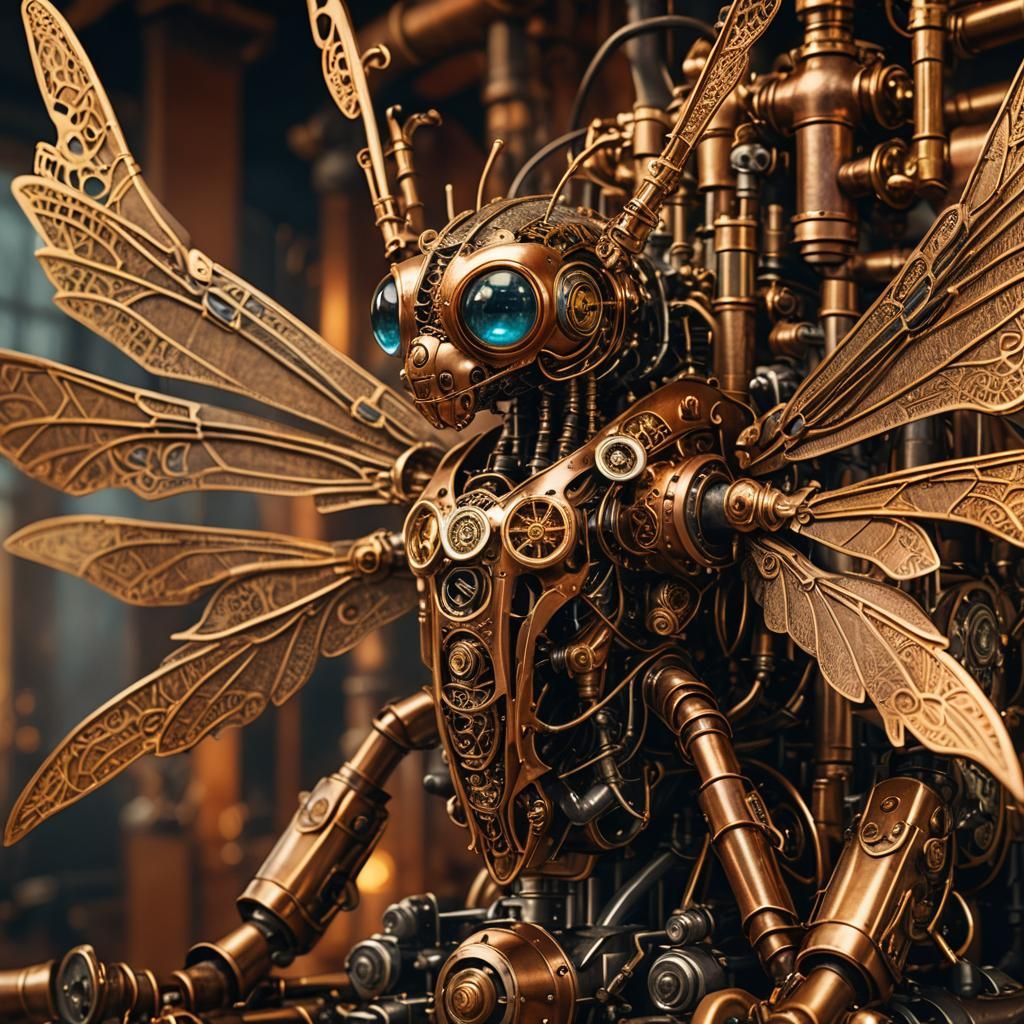 Steampunk Dragonfly Robot on Steam Engine