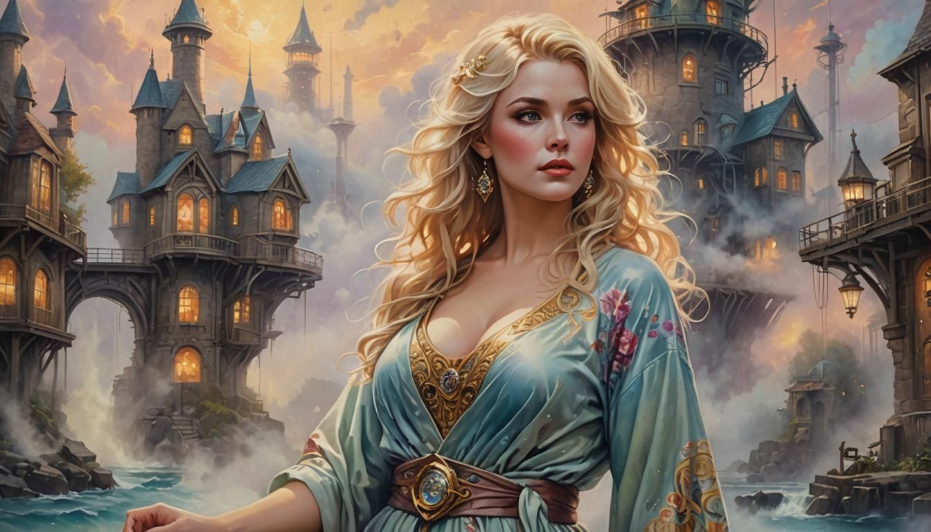 Watercolor Portrait in Industrial Park with Ethereal Mist