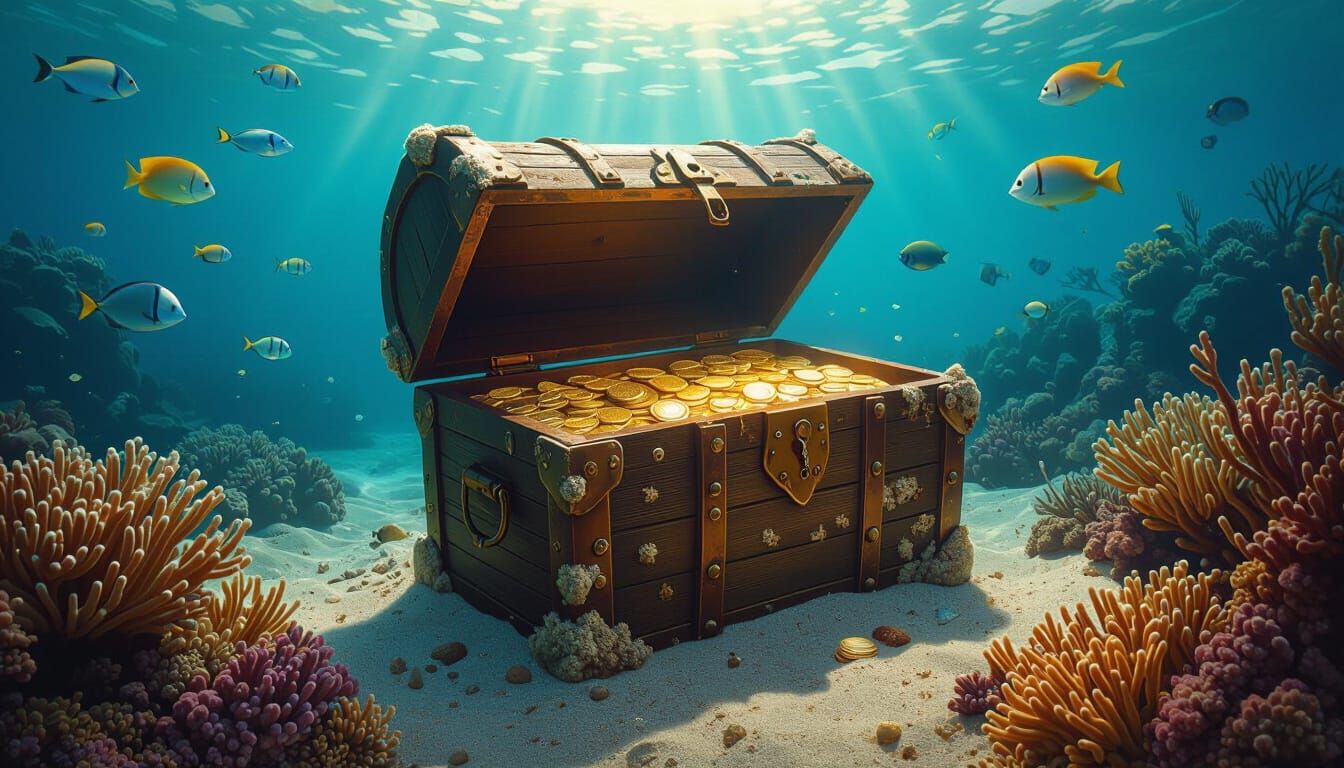 Sunken Treasure Chest on Coral Reef, Photorealistic Style