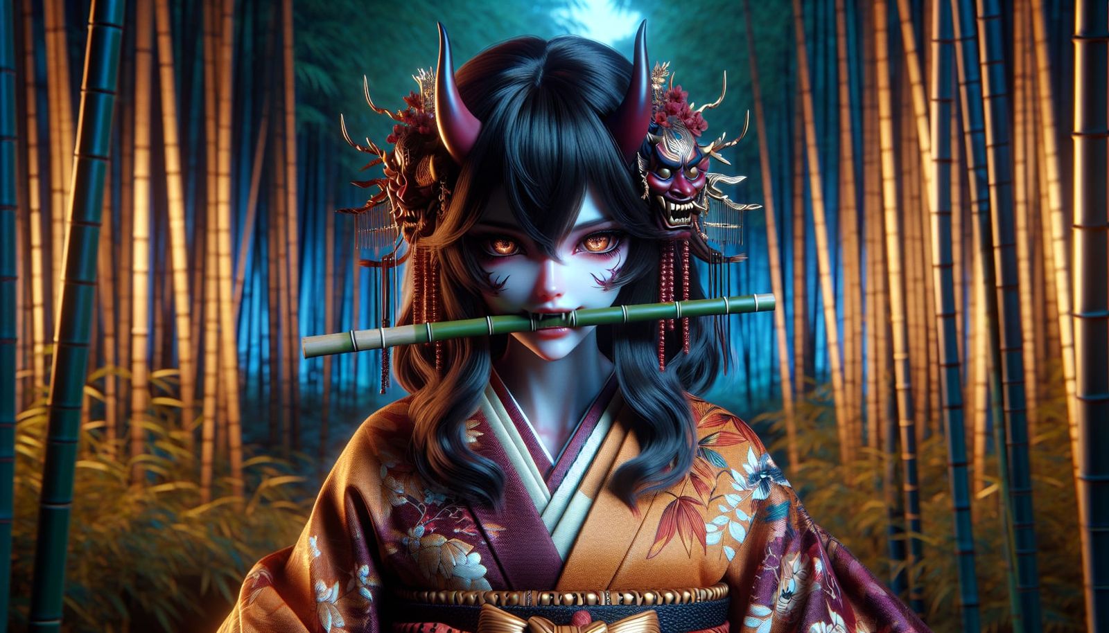 Anime Demon Girl in Bamboo Forest at Twilight