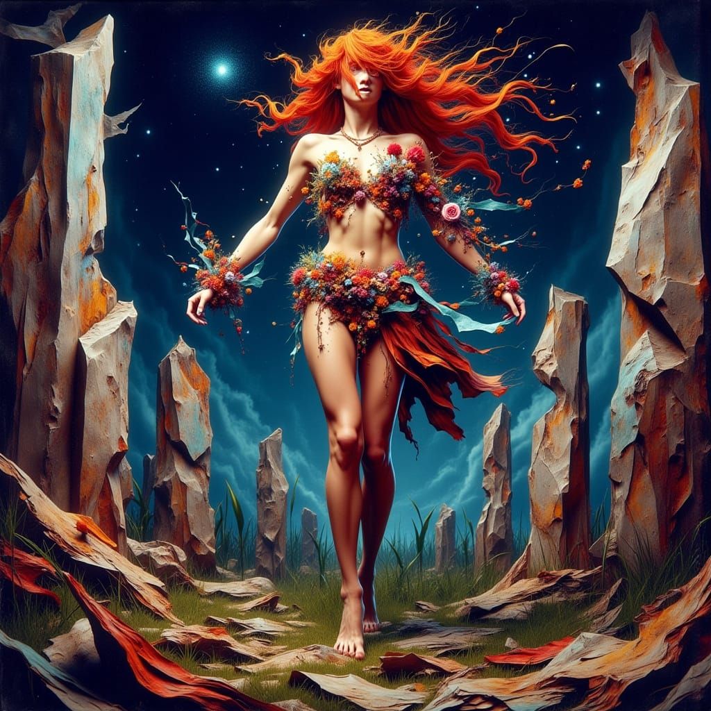 Druid Queen Dancing in Neo-Cubist Style