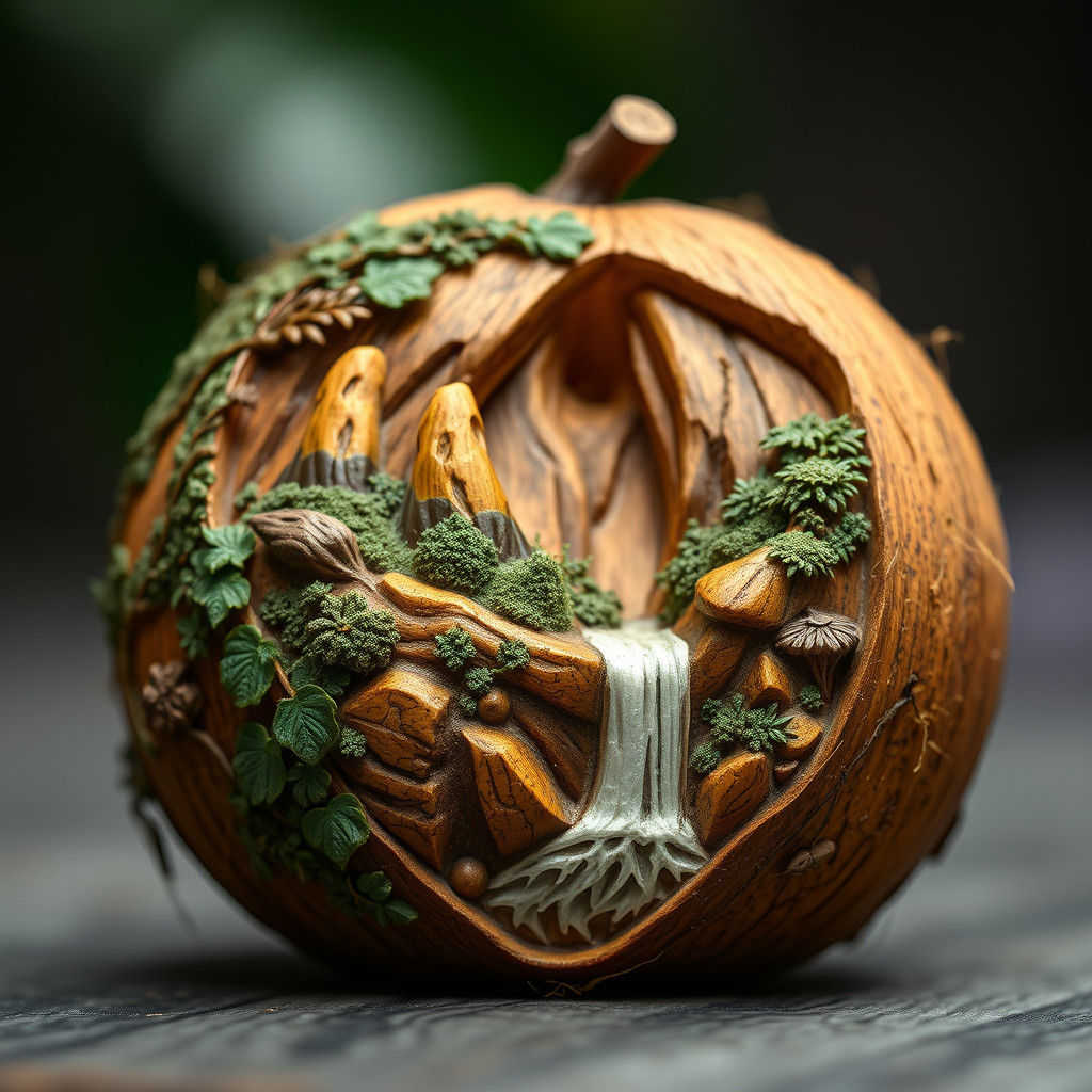 Intricate Coconut Carving of Mountain Waterfall Scene