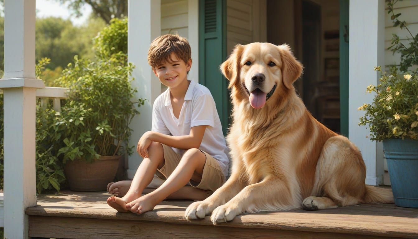 Sunny Afternoon Serenity: Boy and Loyal Dog Share Tender Mom...
