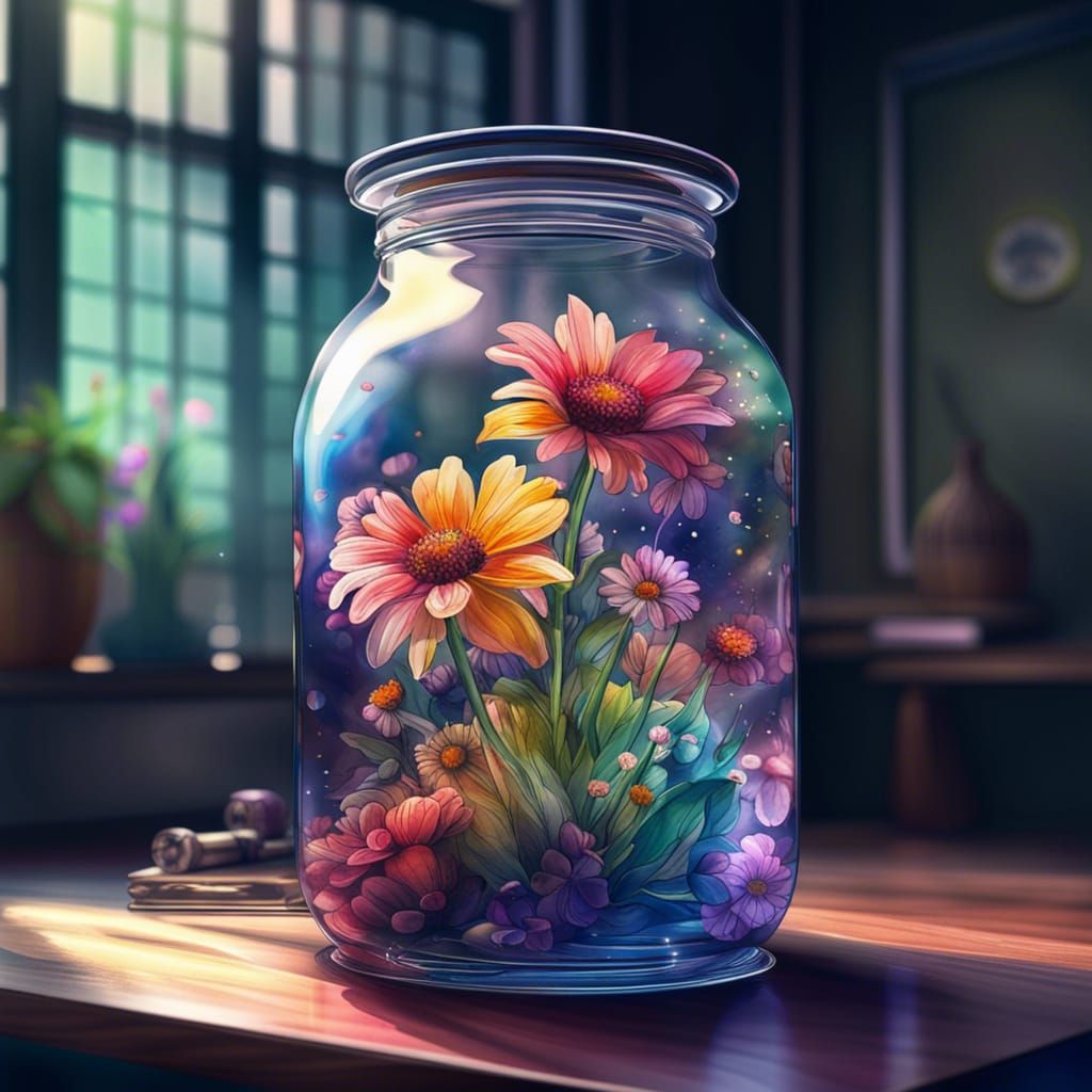 Flowers in Glass Jar: Digital Watercolor Masterpiece