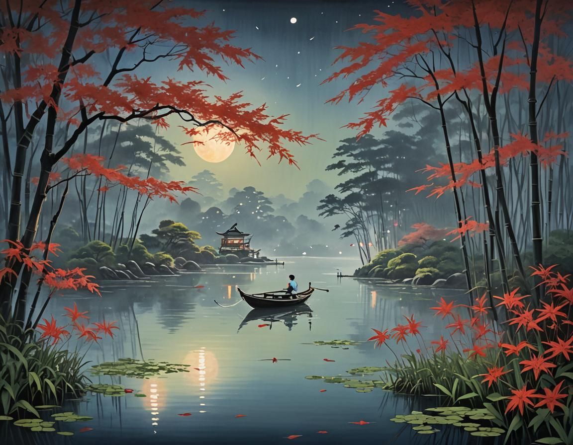 Luminescent Asian Lake with Scarlet Maples