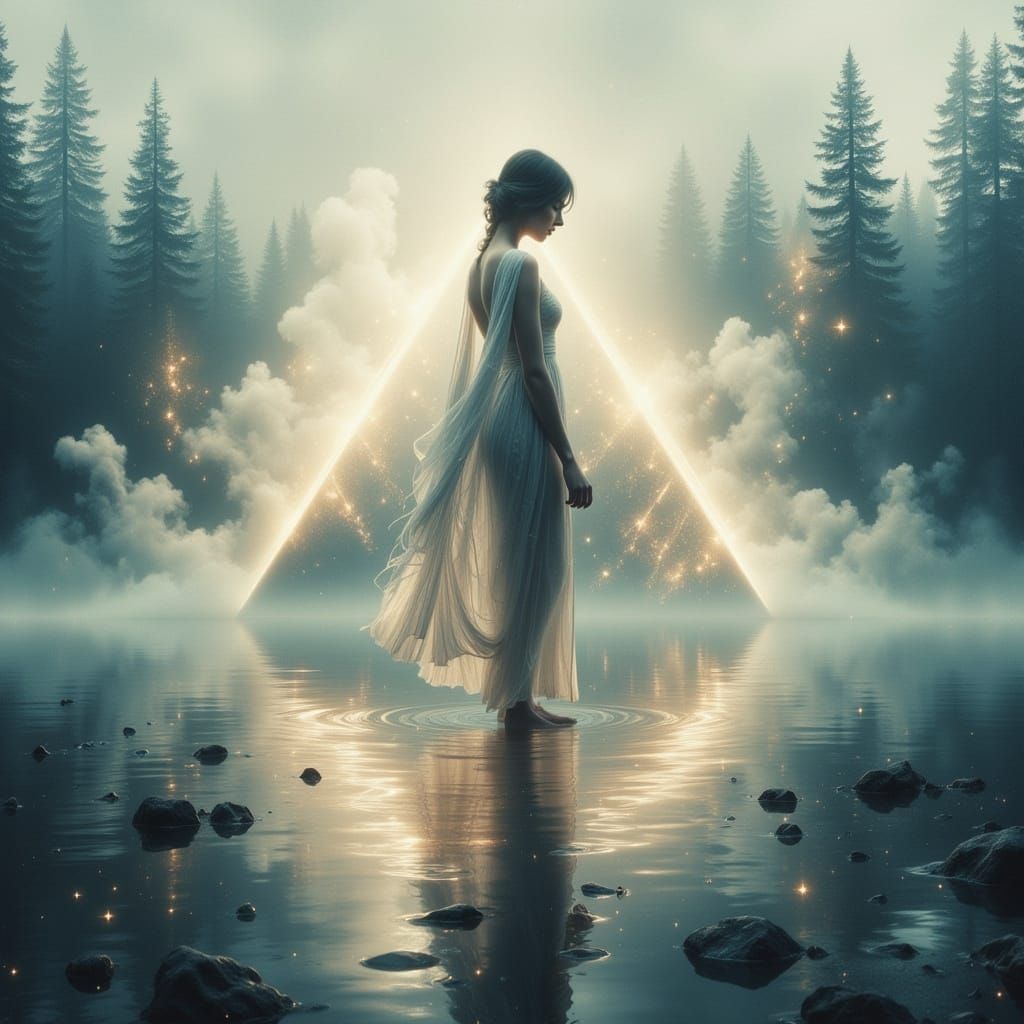 Dreamy Woman at Lake with Magic Swirls