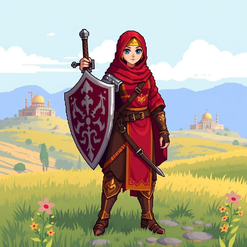 Pixel Art: Middle Eastern Knight in Persian Meadow