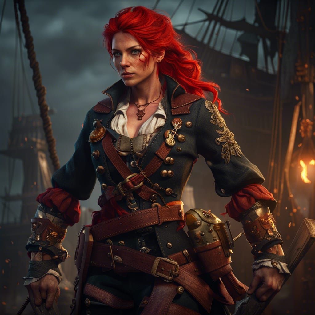 Detailed Red-Haired Pirate in Fantasy Art Style