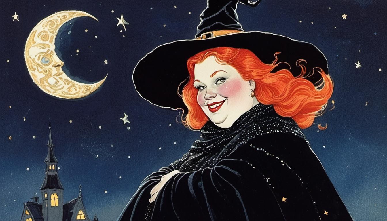 Friendly Red-Haired Witch in Starry Night, Illustration