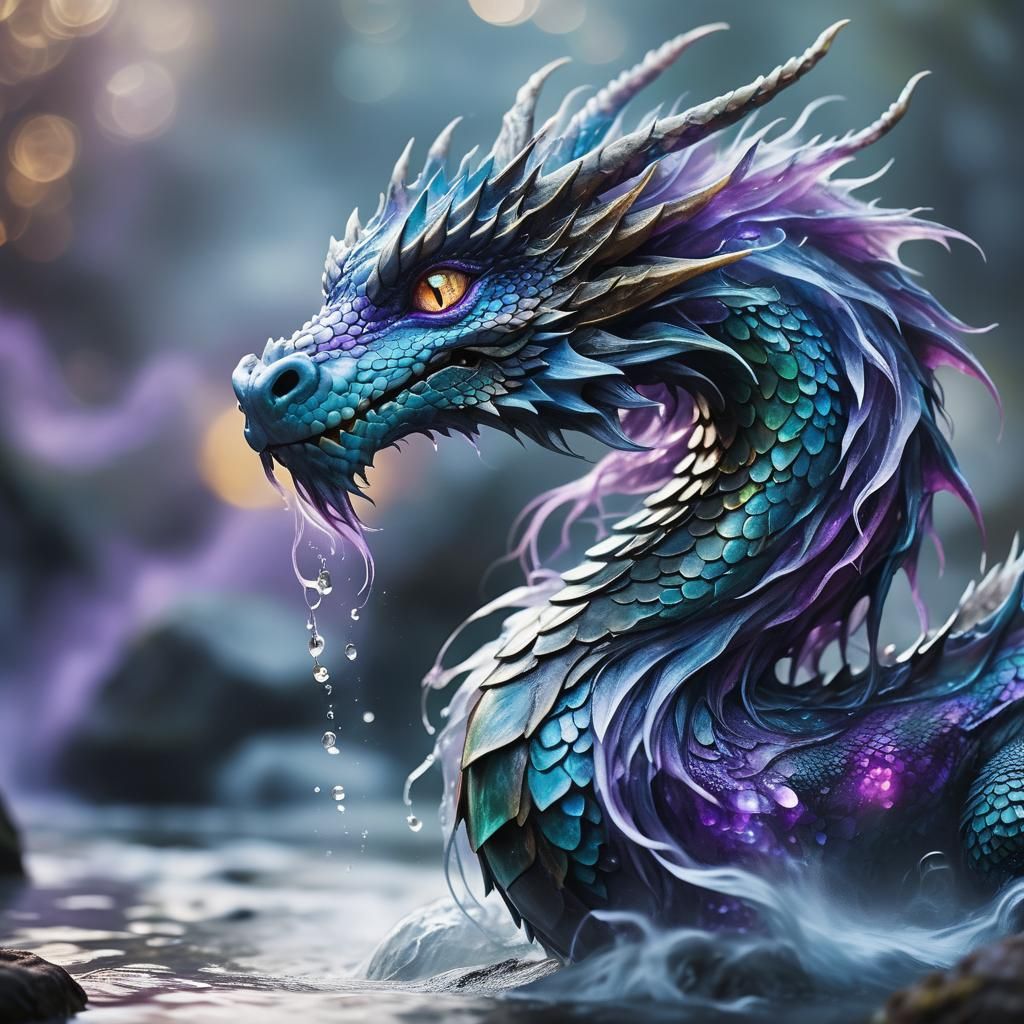 Water Dragon with Gemstone Eyes in Misty Atmosphere