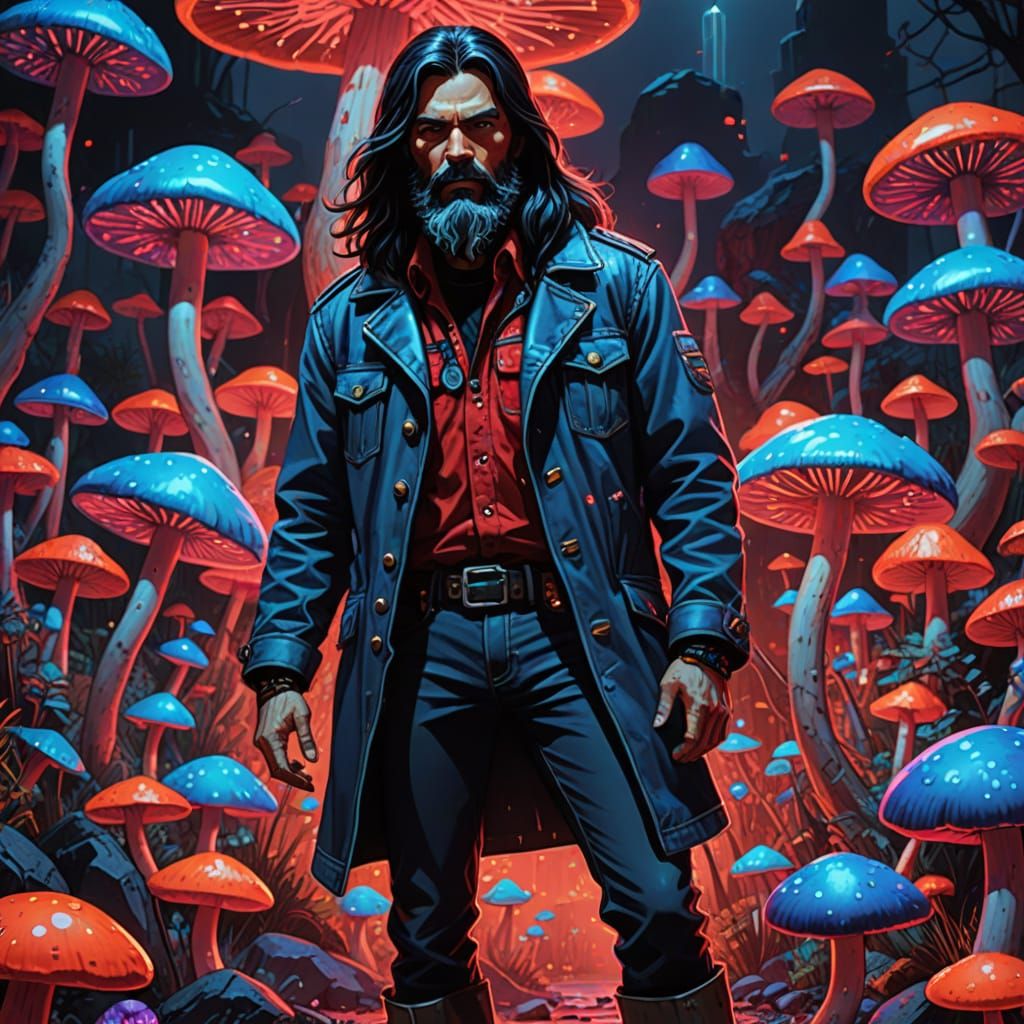 Psychedelic Pop Art: Man with Neon Mushrooms