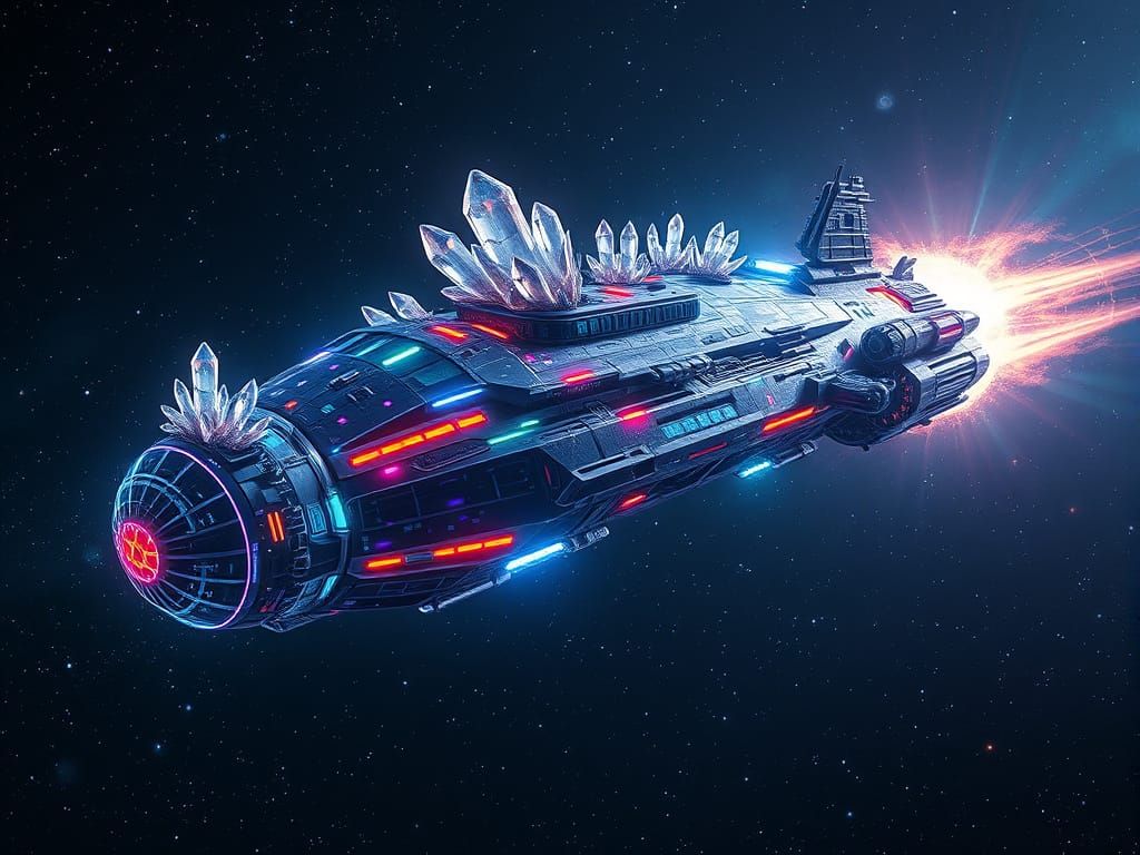 Cosmic Bio-Luminescent Starship in Shimmering Crystalline Bi...