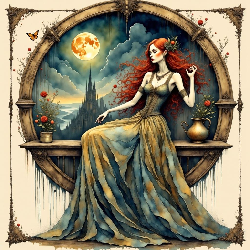 Red-Haired Woman in Tower with Ink and Watercolor