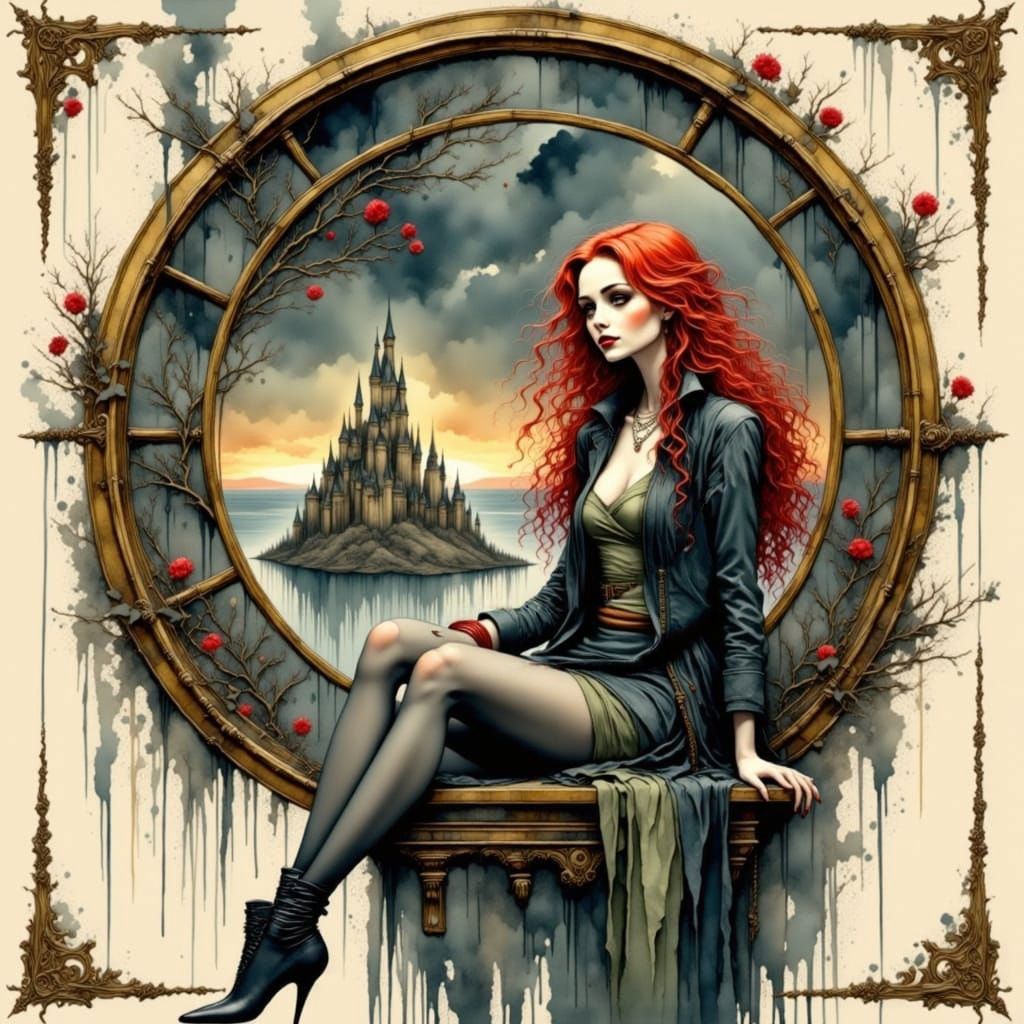 Red-Haired Woman in Tower, Ink Wash Portrait