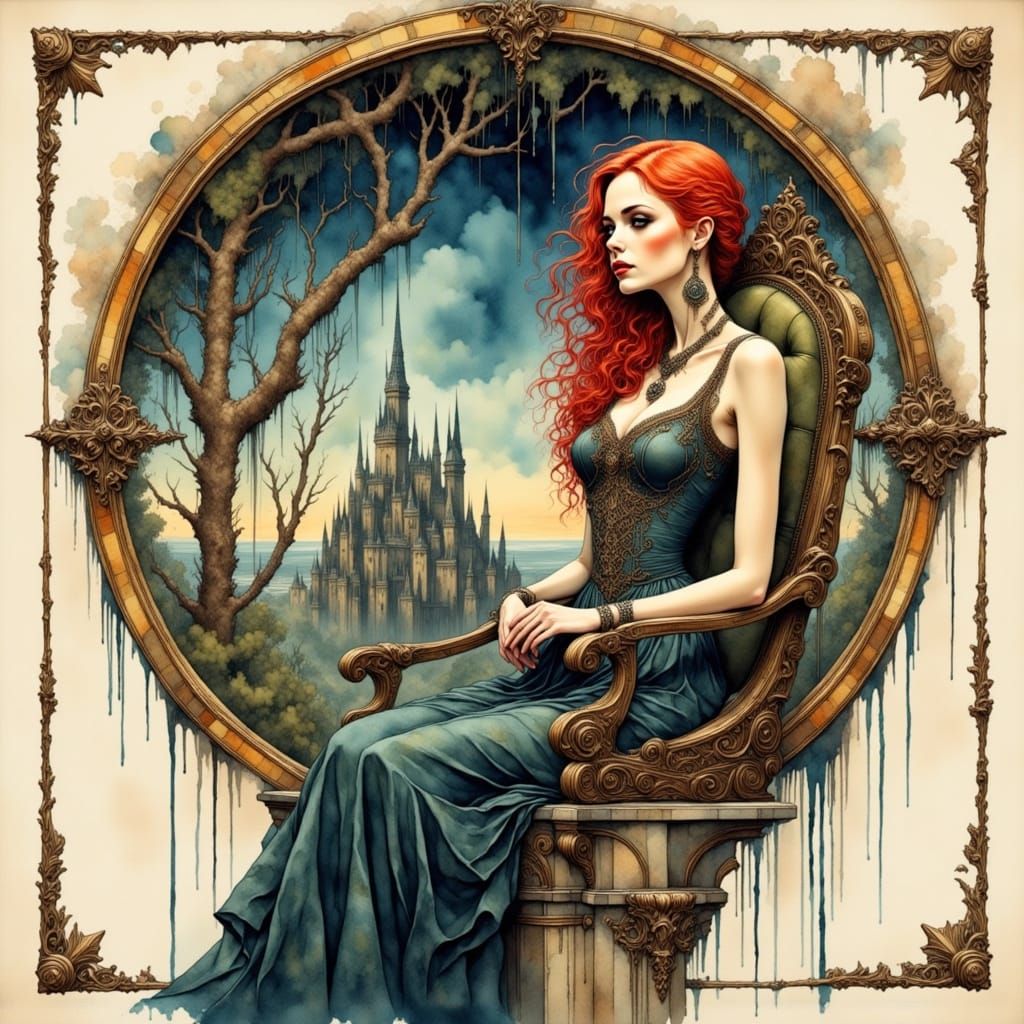 Red-Haired Woman in Tower, Watercolour Ink Art