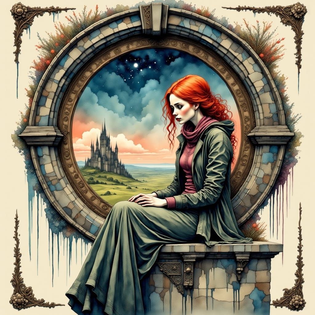 Red-Haired Woman in Tower with Watercolour Ink Details