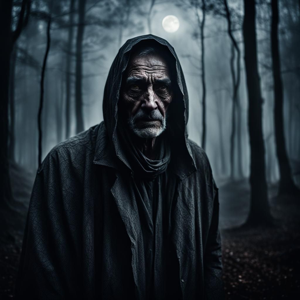 Mysterious Figure in Gloomy Forest at Night