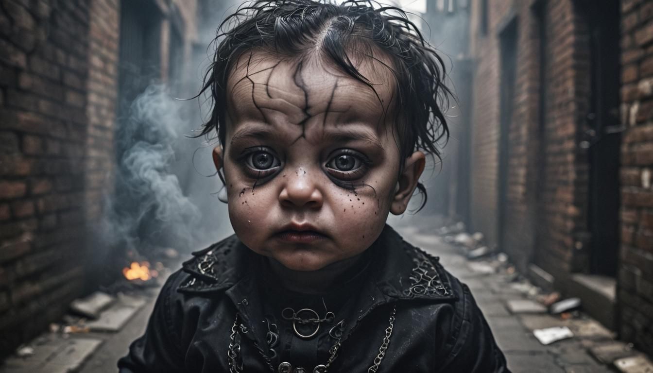 Goth Baby Portrait in Dark Alley: Hyperrealistic Photography