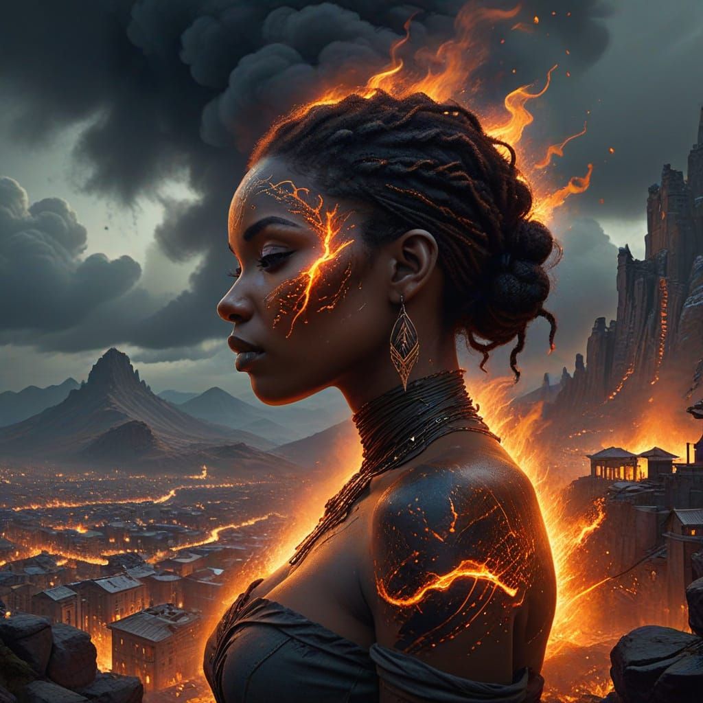 Mysterious African Sibyl Blends with Burning Cityscape