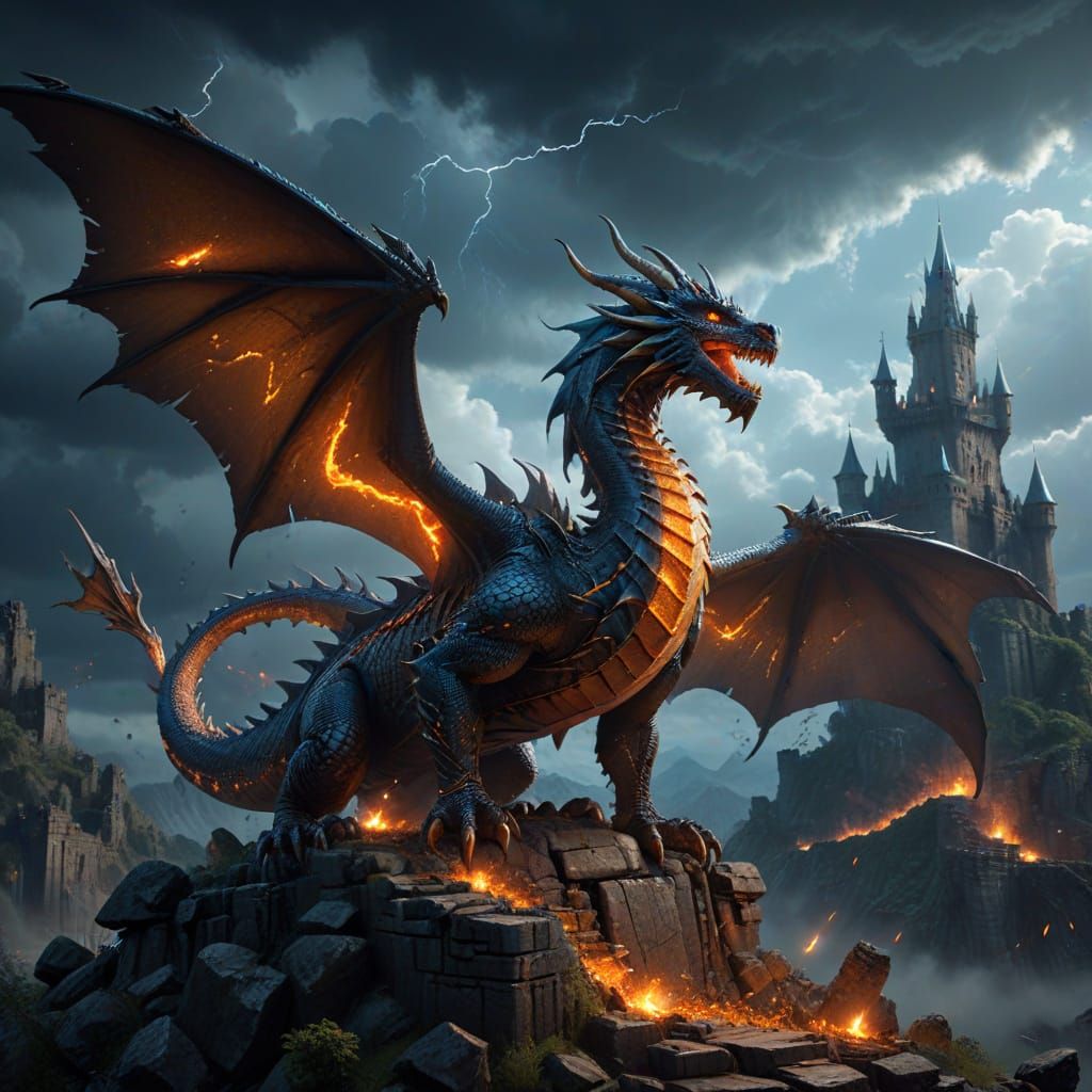 Majestic Dragon Over Ruined Castle in Stormy Sky