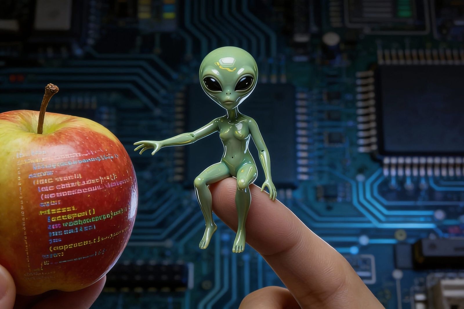 Alien Offers Apple on Computer Board Background
