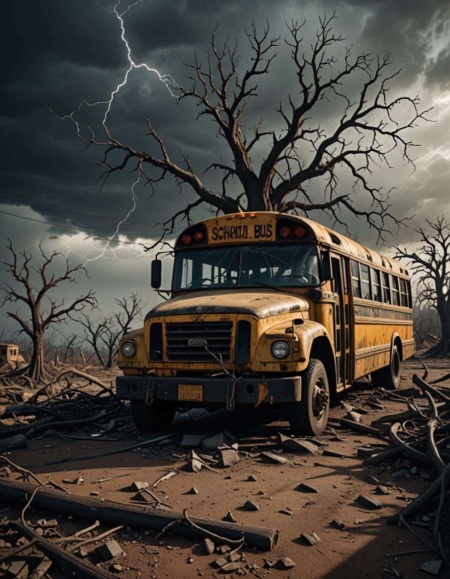 Apocalyptic School Bus in Barren Wasteland