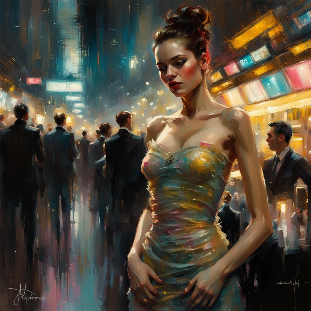 Pretty Girl in Club as Colorful Oil Painting