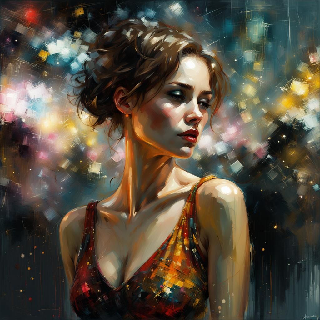 Pretty Girl in Club as Colorful Oil Painting