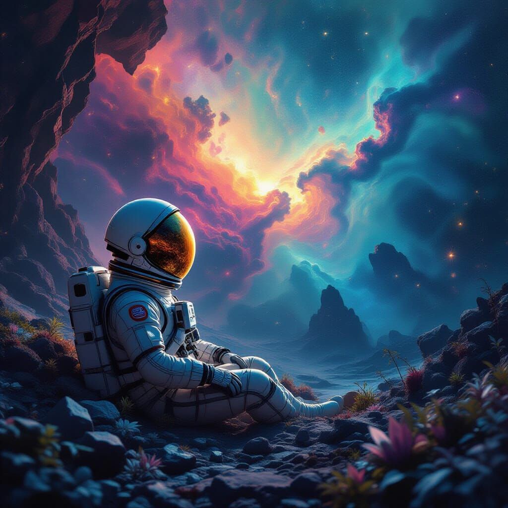 Astronaut Adrift in Cosmic Void, Nebula Reflected