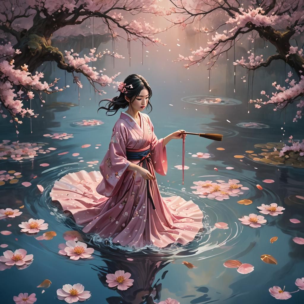 Japanese Girl Surrounded by Floating Paintbrushes