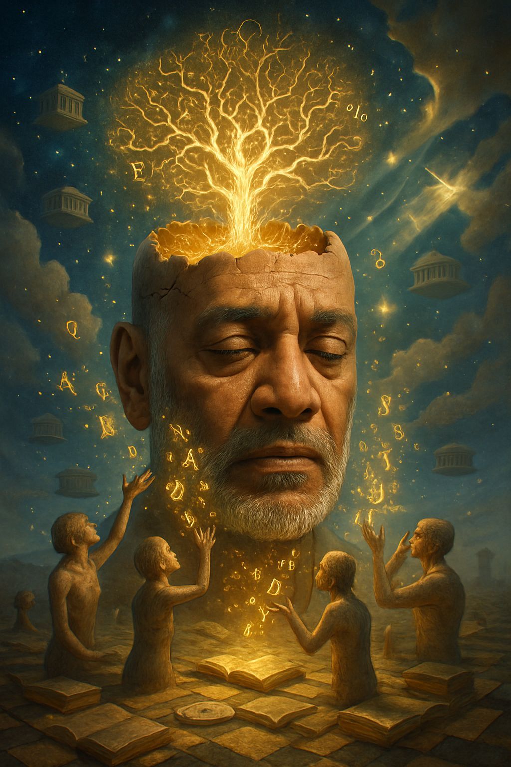 Surreal Knowledge Tree Growing From Stone Head