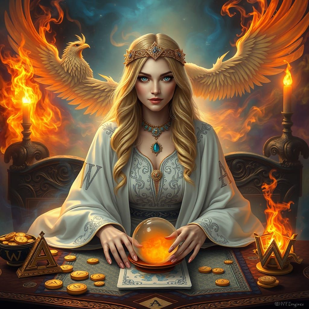 Mystical Tarot Reader with Phoenix in Fantasy Art