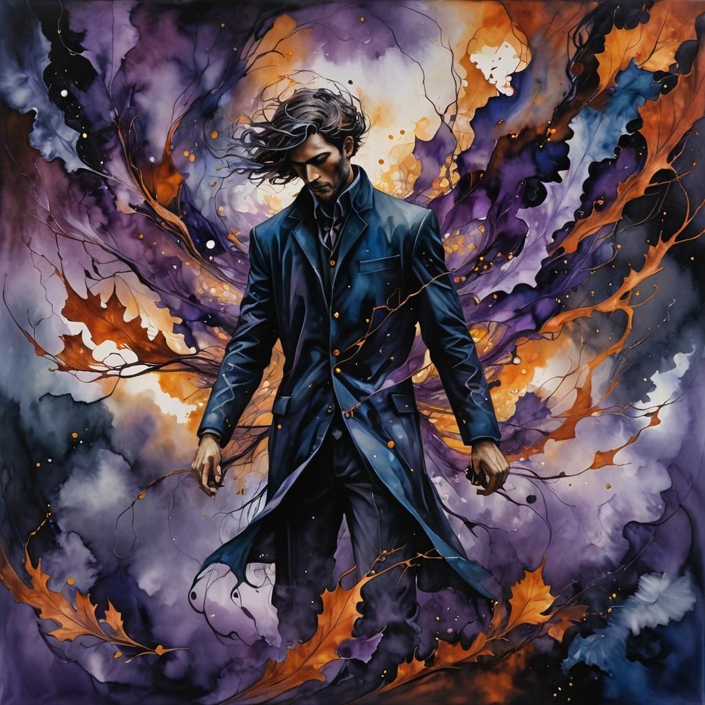 Surreal Figure Amidst Swirling Clouds in Abstract Style