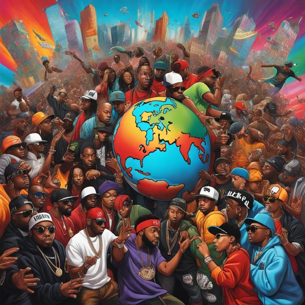 artwork that portrays the global reach of hip-hop culture. Depict hip-hop enthusiasts from diverse backgrounds coming to...