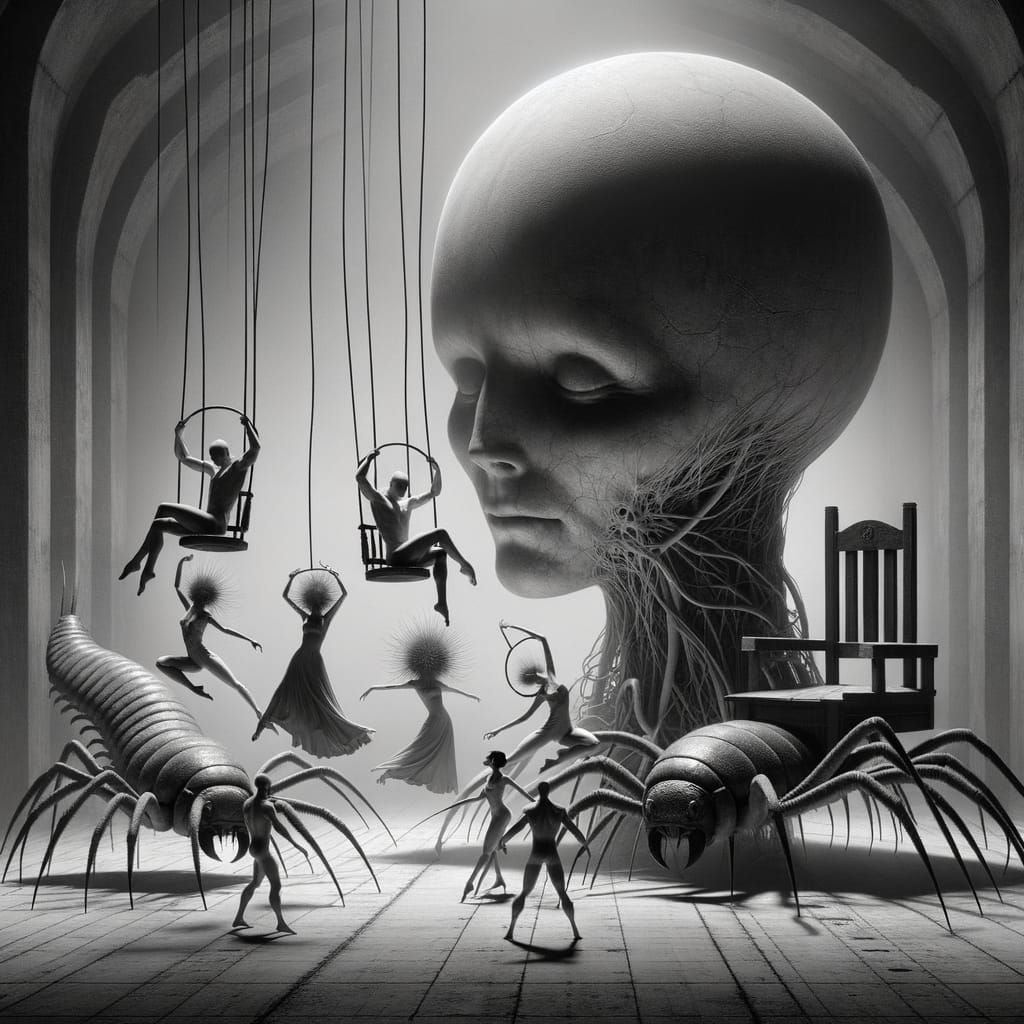 Surreal Acrobats Dance in Eerie Otherworld