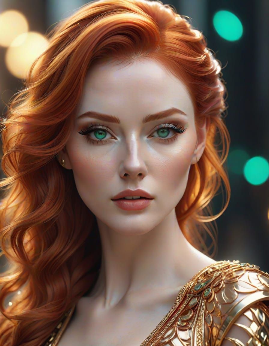 Hyperrealistic Portrait of a Red-Haired Woman in Elegant Gal...