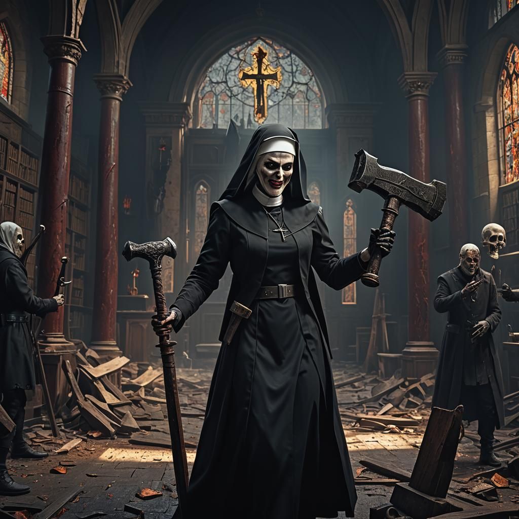 Evil Nun with Hammer in Horror School, Detailed Matte Painti...